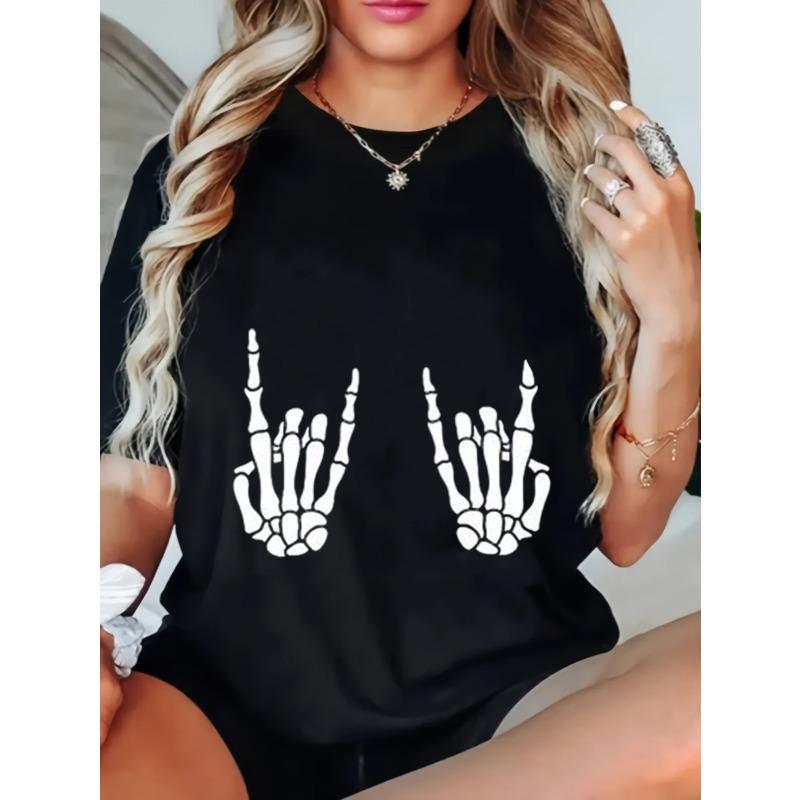Black Loose Fit T Shirt Skeleton Hands Rock Sign Print Casual Halloween Party Wear