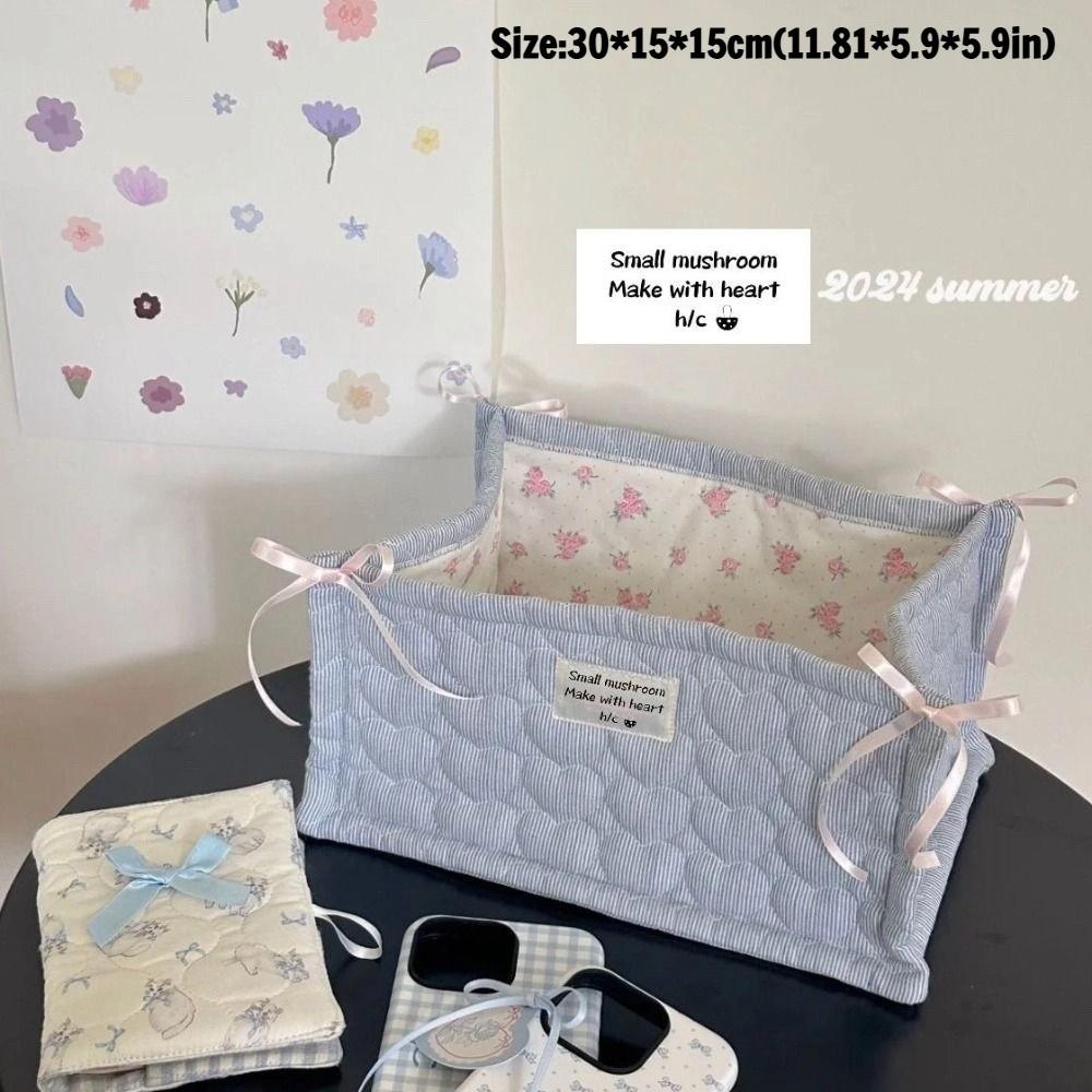 Cute Rectangle Storage Basket Quilted Cotton Desktop Storage Box Stripe Bow Large Capacity Sundries Toy Organizer Home Supplies