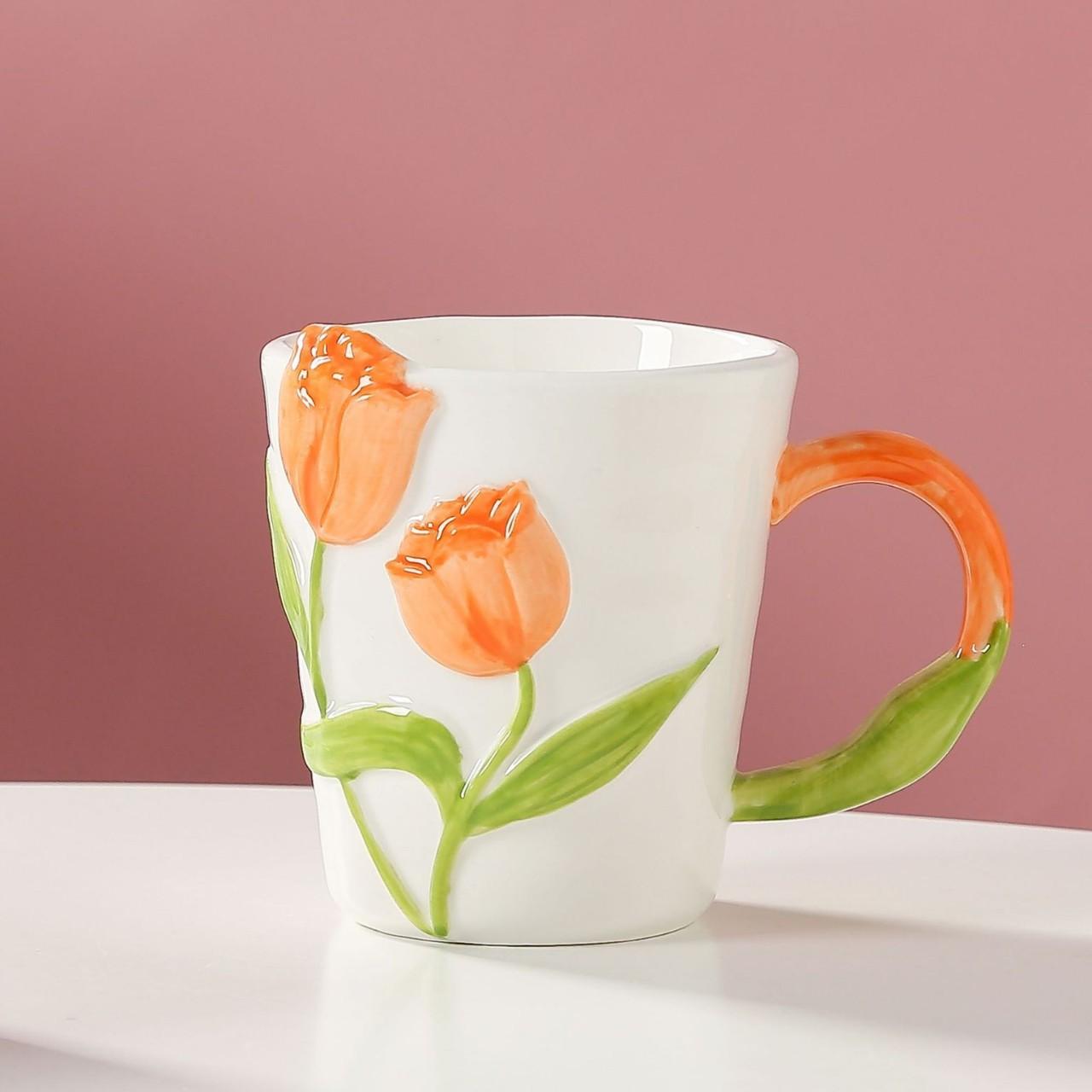 Hand Painted Tulip Mug Creative Ins Style Ceramic Cup Unique Design Coffee Cup 350ml