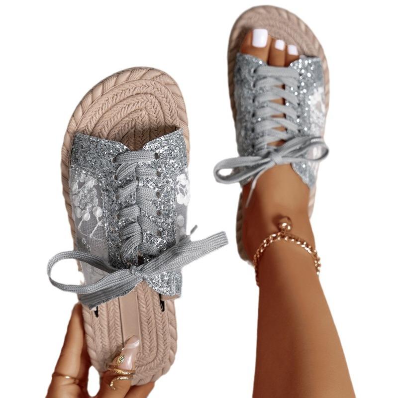Women's Sequin Mesh Embroidered Lace-Up Open Toe Flat Sandals, Fashion Plus Size