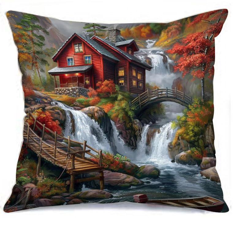 Home Decor Enchanting Waterfall & Cabin Pillow Covers Pattern Cushion Cover Suitable for Sofa Bedroom Car Pillow Cover