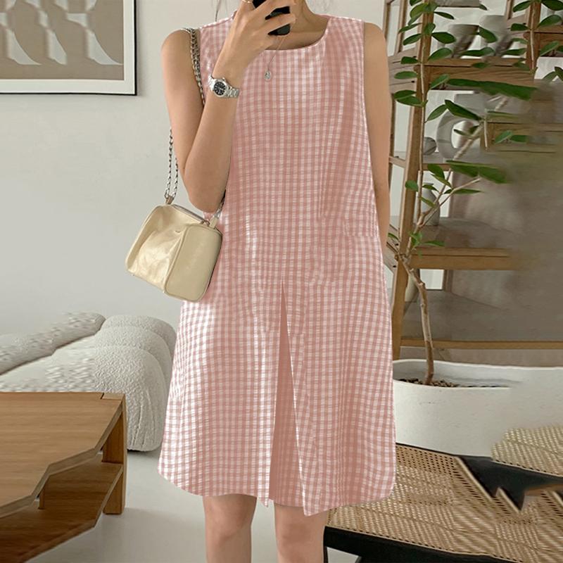ZANZEA Women Casual Round Neck Grid Print Sleeveless Dress