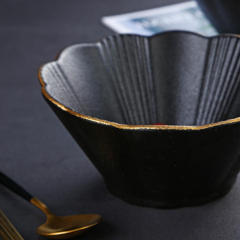 Japanese Matte Hat Bowl Household Rice Bowl Soup Bowl Black Underglaze Color Noodle Bowl Gold Edge Petal Ceramic Bowl