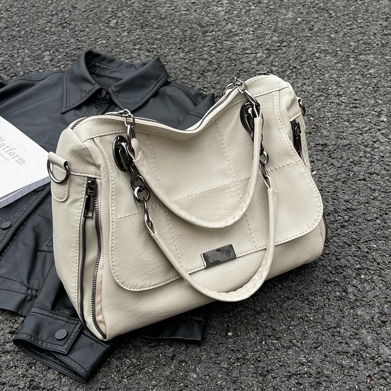 Retro Large Capacity Tote Bag  New Women's Unique Side Zipper Design PU Crossbody Bag Commuter School Classroom Lady Handbag
