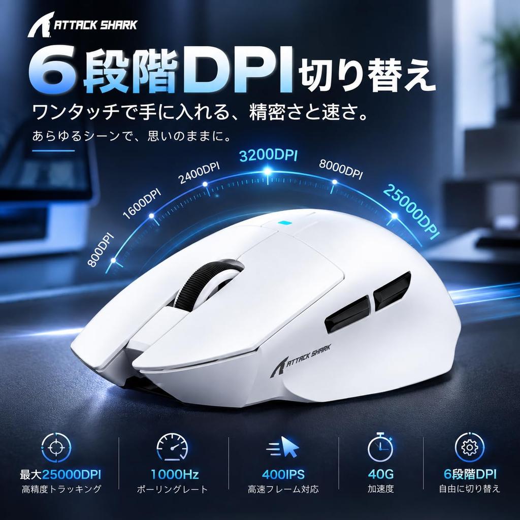 ATTACK SHARK MAMBASNAKE V6 White Wireless Ergonomic Gaming Mouse, 65g, RGB Magnetic Charging Dock, Thumb Rest