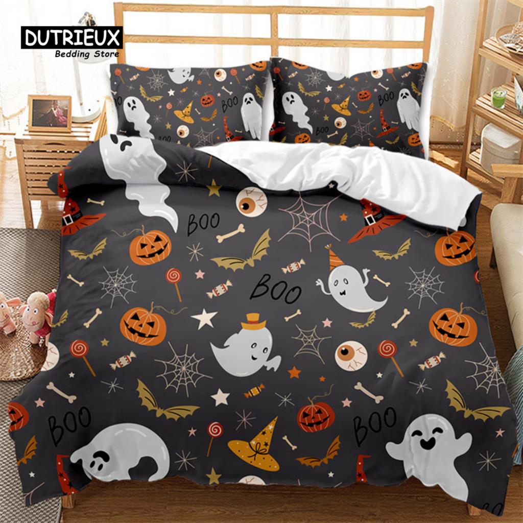 Cartoon Pumpkin Duvet Cover Gothic Halloween Skull Bedding Set Polyester Lantern Ghost Comforter Cover King For Boys Girls Decor