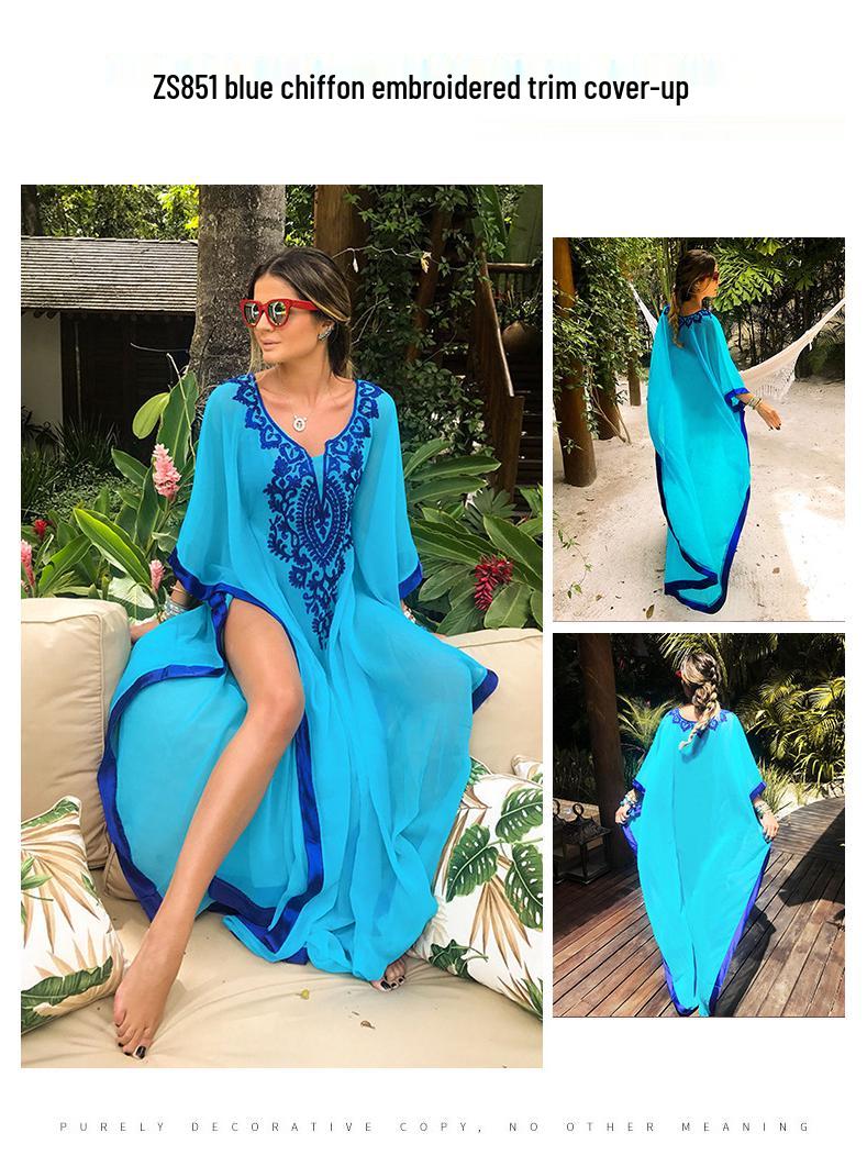 

2024 Европейское и американское хлопковое вышитое пляжное платье-накидка больших размеров One Size