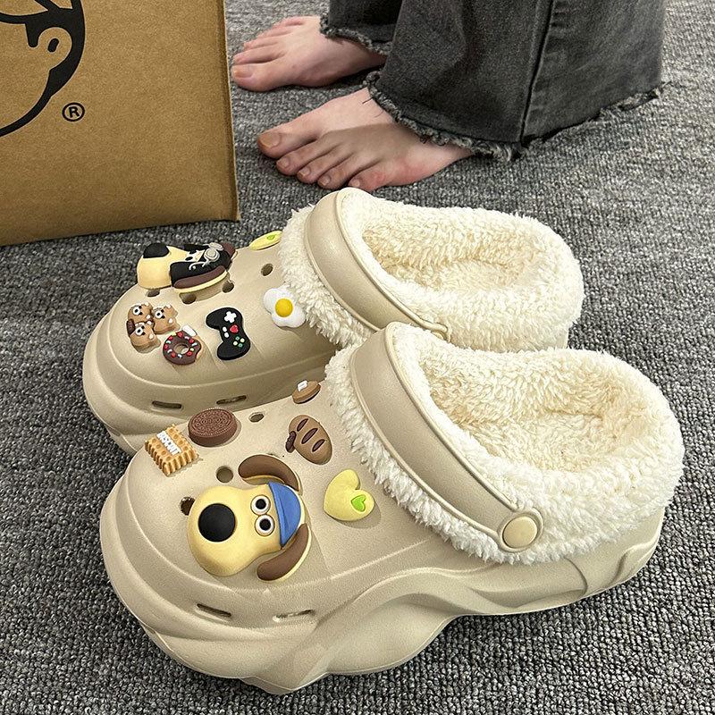 New velvet hole shoes women's winter non-slip outer wear cotton shoes heightened thick-soled home removable cotton slippers