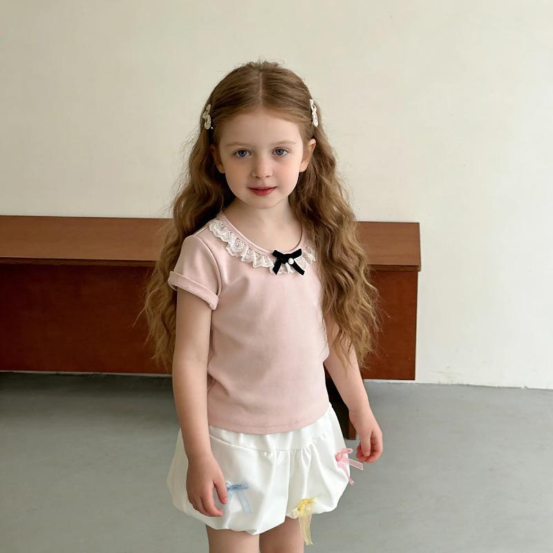 Korean Style Summer 2025 Lace Trim T-shirt & Bloomers Set for Toddlers