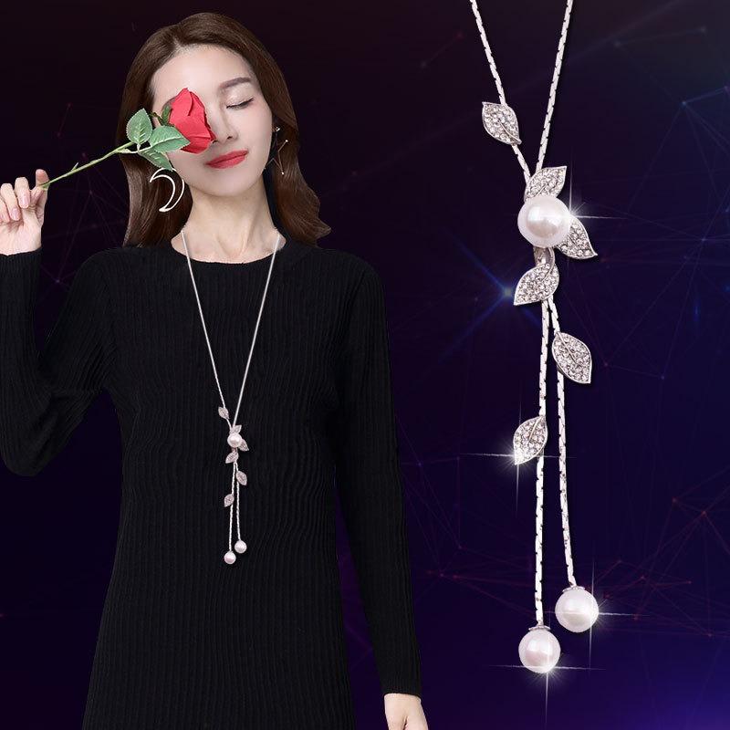 Long Section Rising Leaves Pearl Fringed Sweater Chain Women's Versatile Korean Version Personalized Accessories Necklace Four-leaf Clover