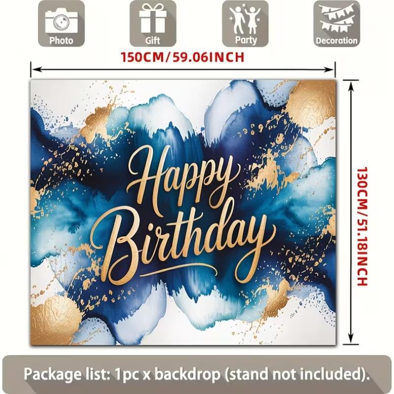 2D Blue Gold Ink Wash Happy Birthday Backdrop Banner Photography Background for Men Party