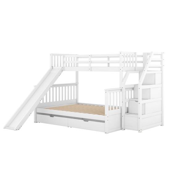 Stable Base Bunk Bed with Drawers Ladder Slide Storage Shelves Wood Frame Family Loft Bed Bedroom