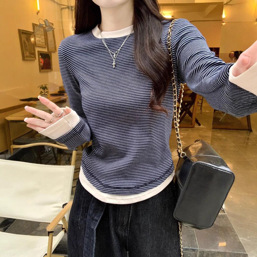 

Полосатая футболка с длинным рукавом и резьбой для женской весны и лета, тонкая, облегающая, базовая футболка, топ с круглым вырезом S