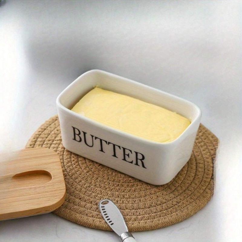 Large Ceramic Butter Dish with Wooden Lid Stainless Steel Knife Bamboo Cover Silicone Seal Kitchen Storage