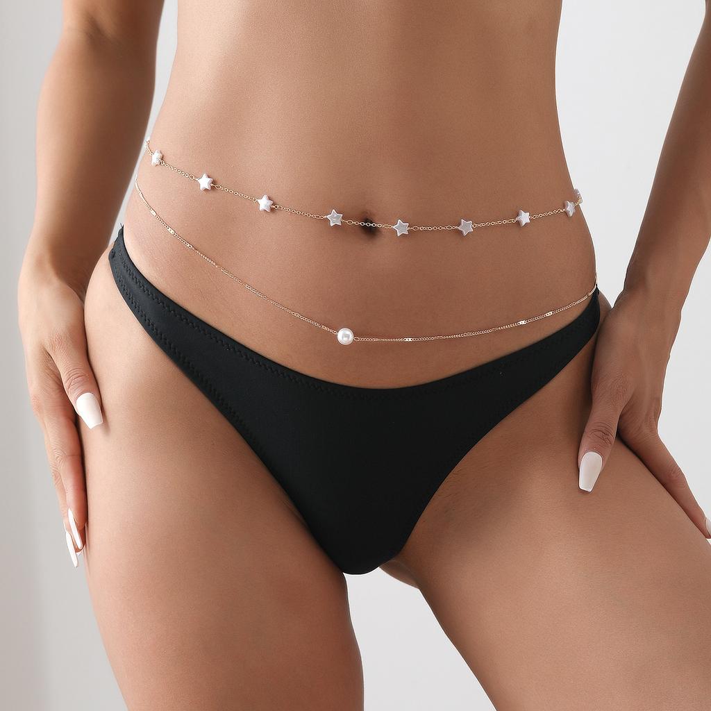 Europe, America, Geometric Pentagram Imitation Pearl Handmade Chain Waist Body Chain Women, Vintage Double Waist Chain