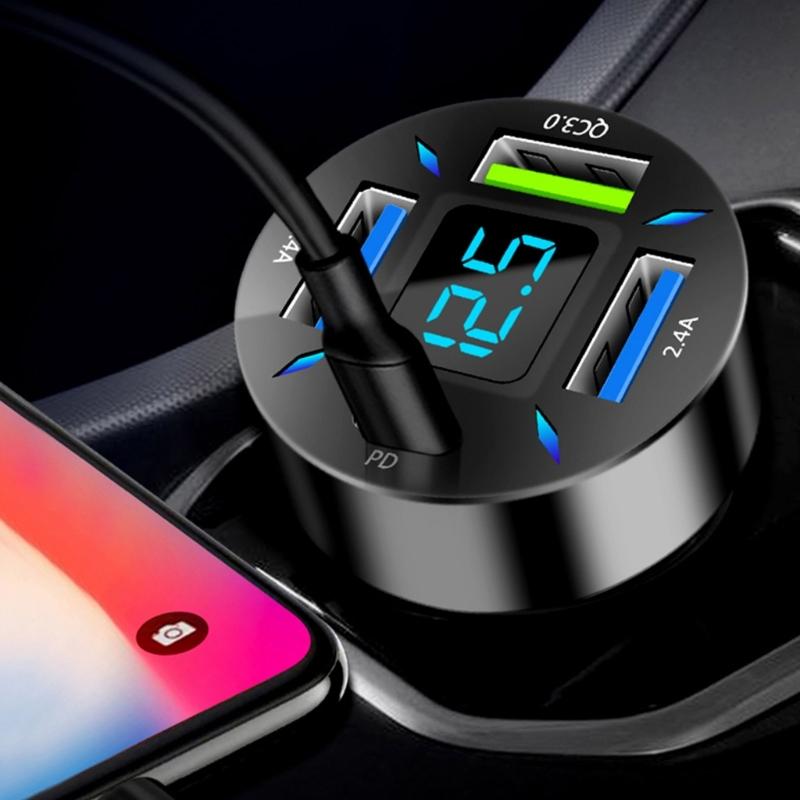 Car Charger Stable Current Output 4.8A QC3.0 22.5W 66W PD20W QC3.0 2.4A LED Light One For Four Laptop Cellphone Charger