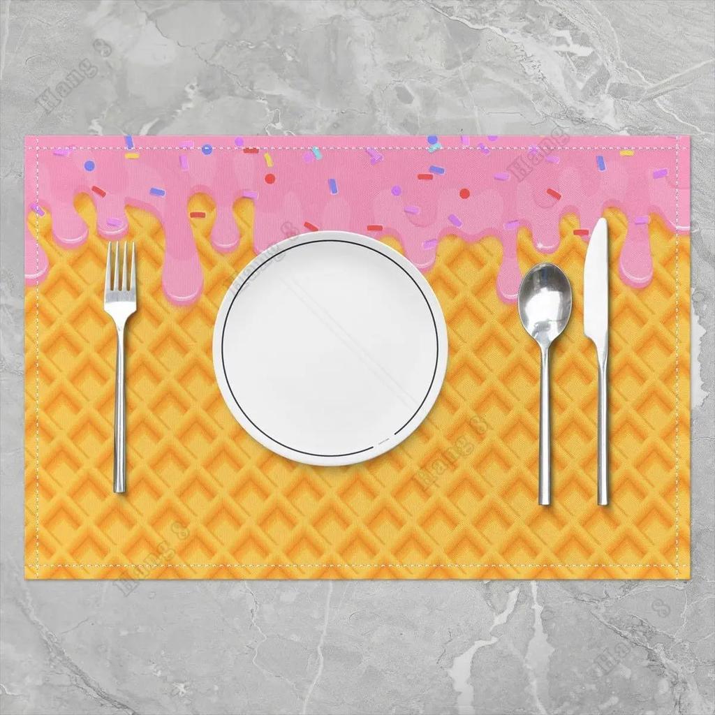 4PC Ice Cream Truck Placemat ,Sweet Doughnut Outdoor Indoor Place Mats,Stripe Washable Durable Table Mats 30X45cm