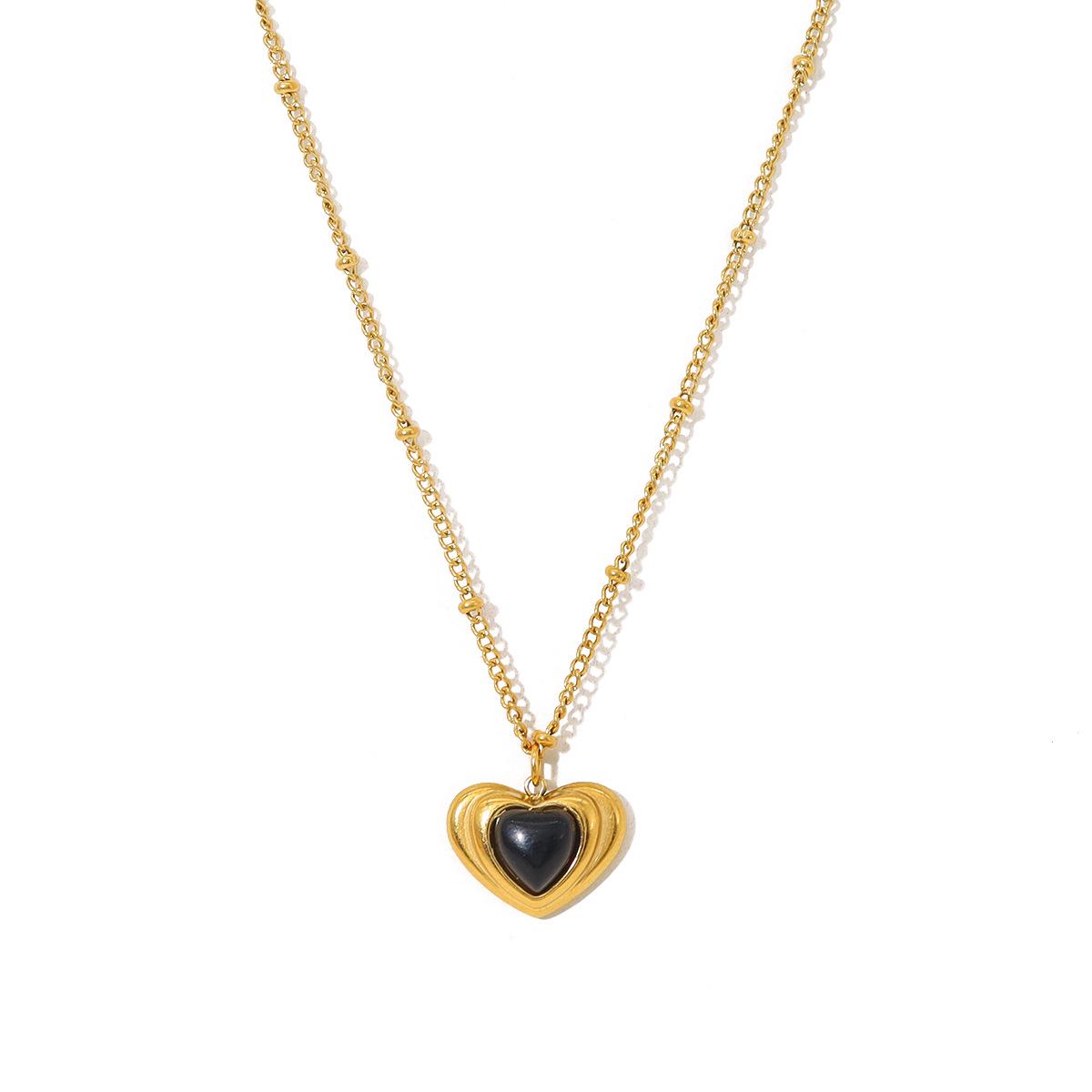 Heart-Shaped Titanium Steel Pendant & Earring Set with Natural Stones, 18K Gold-Plated, Fashionable Retro Jewelry. 18K Gold Plated