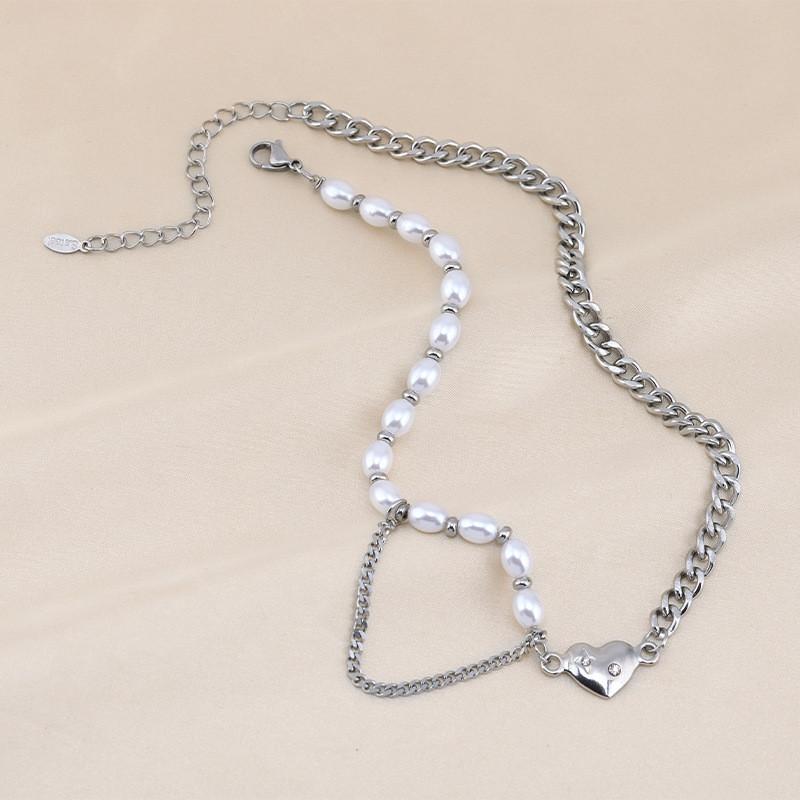 

Beautiful Steel Titanium Heart Pendant Necklace With Pearl And Unique Water Chain Wave