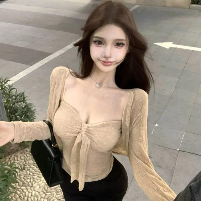 

Women s 2 Piece Knit Set, Tie Front Cami Top Long Sleeve Sheer Cardigan Y2K Casual Crop Top Outfit S бежевый