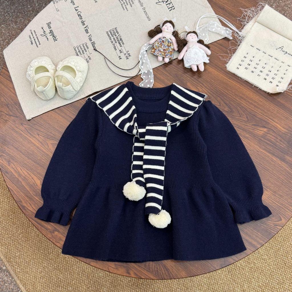 Autumn & Winter Korean Style Girls' Striped Shawl Pullover with Ruffle Hem