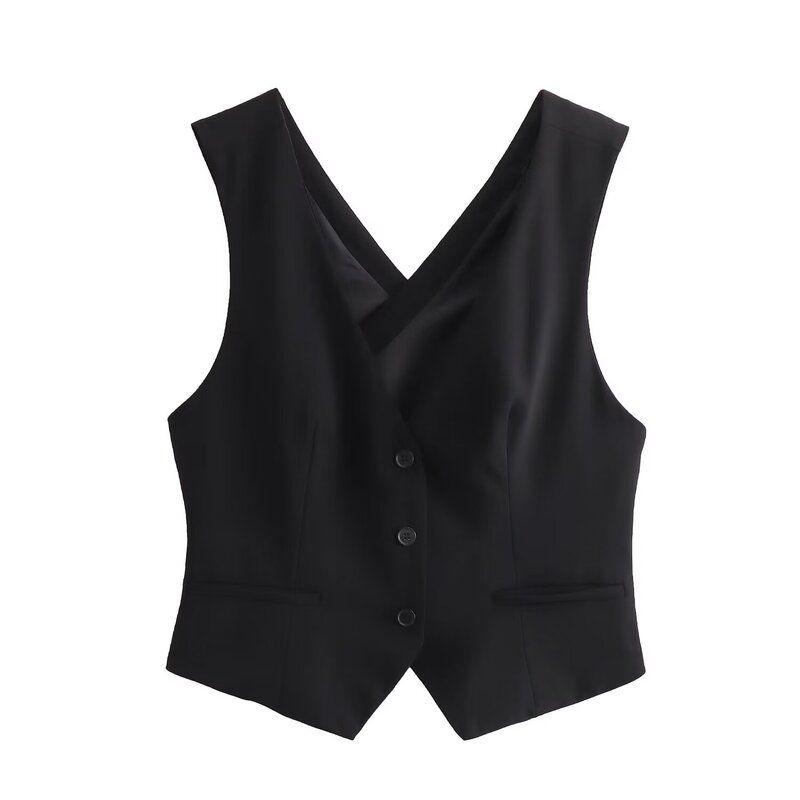 Fashion Style 2024 Spring New Arrival Women's Back Cross Detail Vest High Waist Flared Pants 7102022