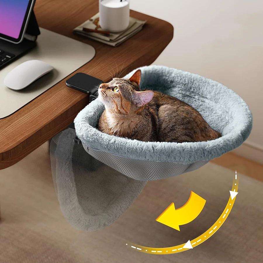 One-Click Folding Semi-Circular Cat Desk Hammock, Space Saving Sunken Design Cat Bed Perch for Indoor Home Office Kitten Rest