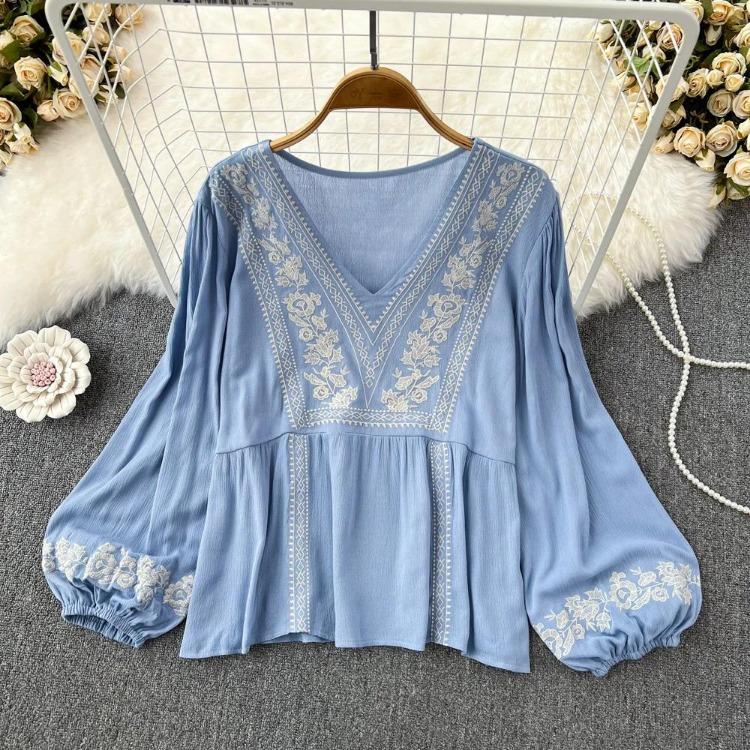 Spring Fashion Ladies Crochet Blouse Embroidered Lantern Sleeve Retro Ethnic Style Short Top Blusas