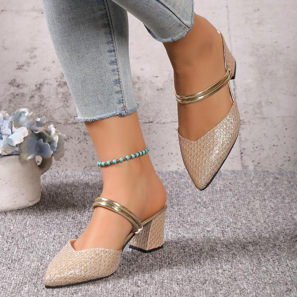 Summer New Pointed Square Heel Shallow Mouth Bag-toe Slippers for Women Fashion Comfortable and Sexy Banquet High Heel Slippers