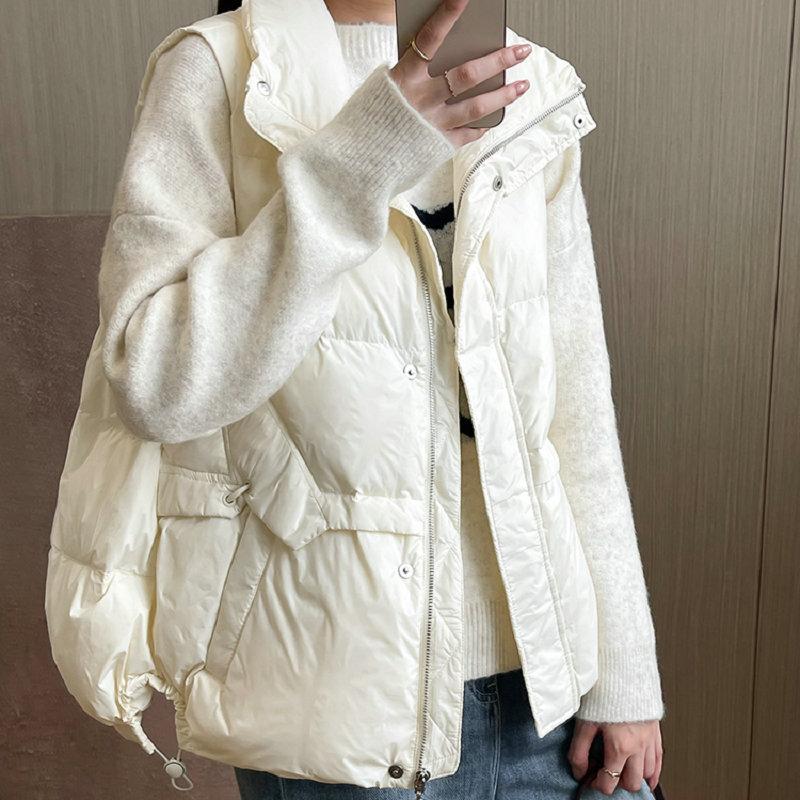 Women Light Weight Thermal Seamlessly Loose Sleeveless White Duck Down Jacket Waistcoat Pocket All Match Chic Stand Collar Vest