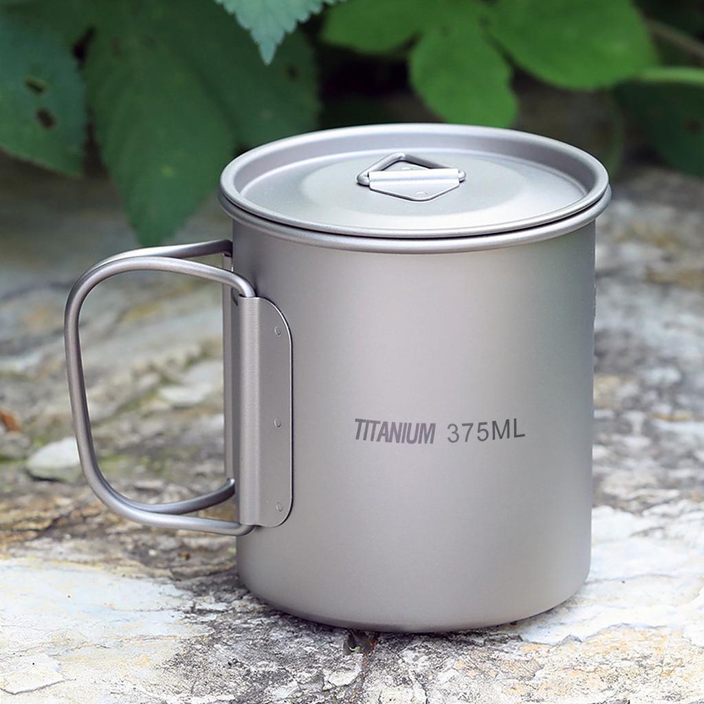 375ml Ultralight Titanium Cup Outdoor Portable Camping Picnic Water Tea Cup Coffee Mug with Lid and Foldable Handles
