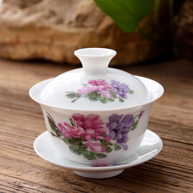 3.4-Inch Blue & White Ceramic Gaiwan Tea Set - 3-Piece, 100ml Capacity