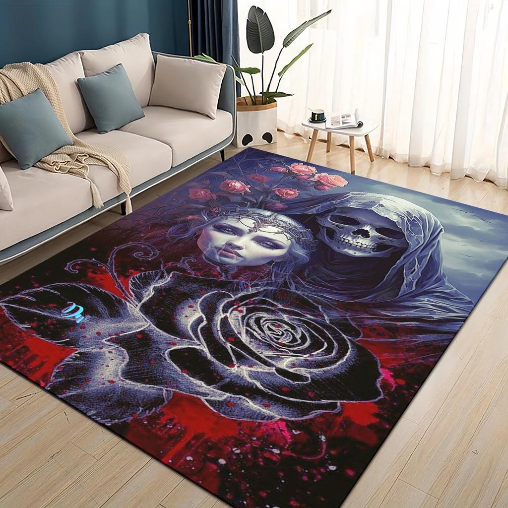 3D Gotická Lebka Obličej Růže Žena Hrozný Kreslený Koberec Kobereček do Obývacího Pokoje Ložnice Domov Dekorace Pohovky, Dětská Protiskluzová Podložka na Podlahu