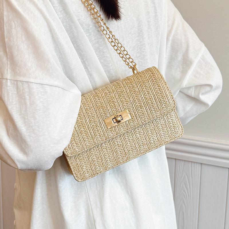 Straw Woven Chain Bag for Women In Spring and Summer New Pastoral Style Retro Square Bag Trendy Lock Buckle Braided Bag