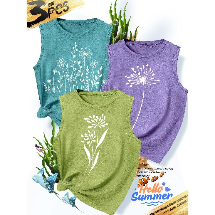 2026New Women's vest3Pieces Dandelion Wildflower Print Simple, Stylish, Casual, Versatile, Comfortable, Soft, Skin-friendly Spring/summer Top S-XXL
