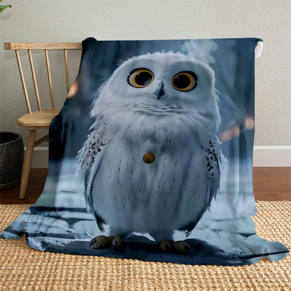 1pc Snowy Owl,winter Forest,large Eyes Outdoor Flannel Throw Blanket All Season Soft Warmth,Home Decor 1031106
