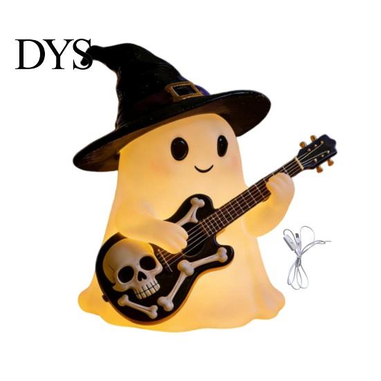 Cute Ghost Ornaments for Halloween Figurine with LED Light, Resin Witch Hat Statue Niche Aesthetic Ornament Guitar/Book, Luminous Sculpture