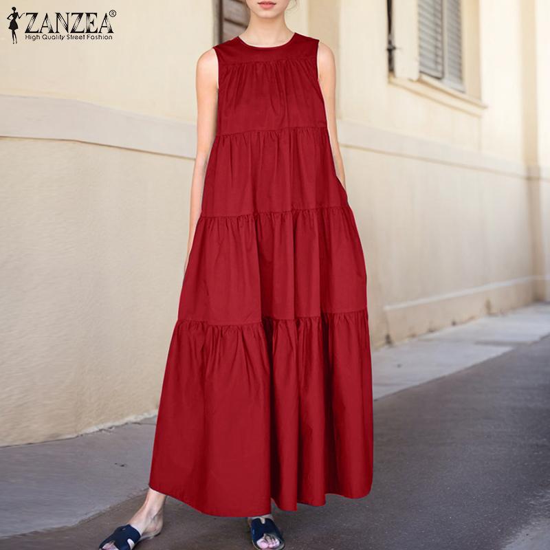 ZANZEA Womens Round Neck Sleeveless Casual Long Tank Dress