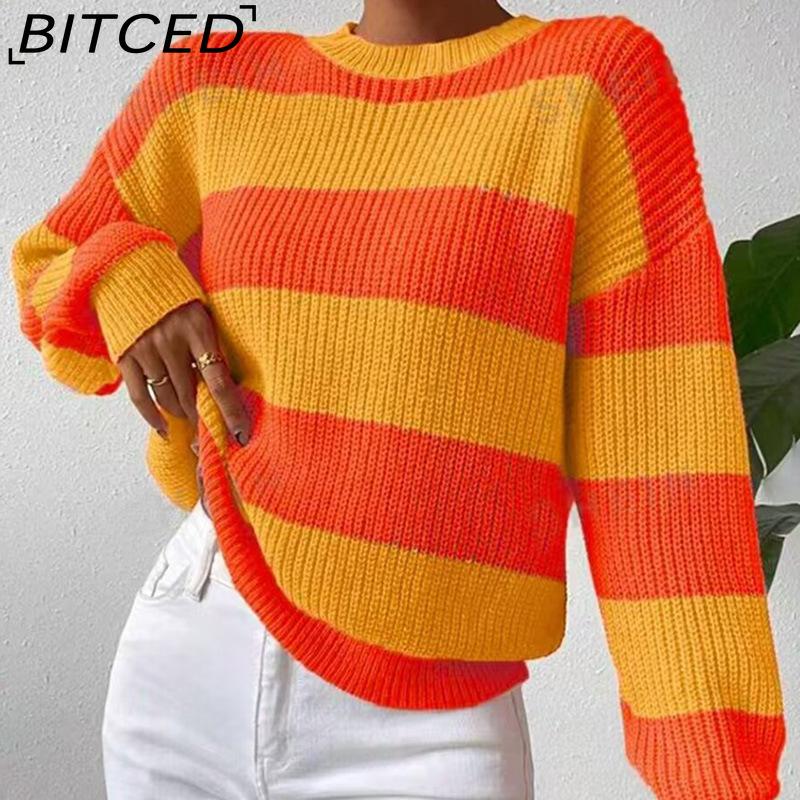 

BITCED Women s Influencer-Style Striped Knit Jumper Loose-Fit, Relaxed-Fit Long-Sleeved Pullover O-Neck Knit Sweater XL жёлтый/оранжевый