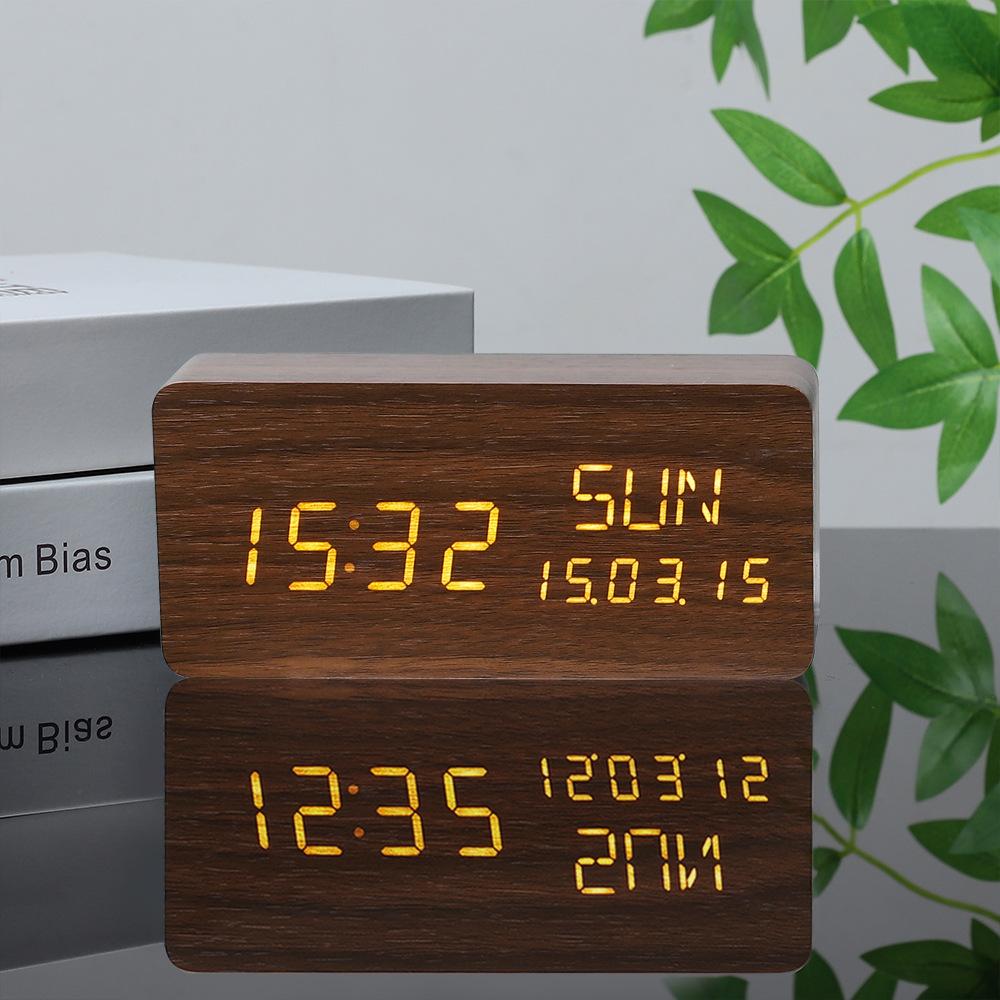 Perpetual Calendar Wooden Clock Electronic Clock Date Week Temperature Display Electronic Alarm Clock Voice Control Multifunction Clock