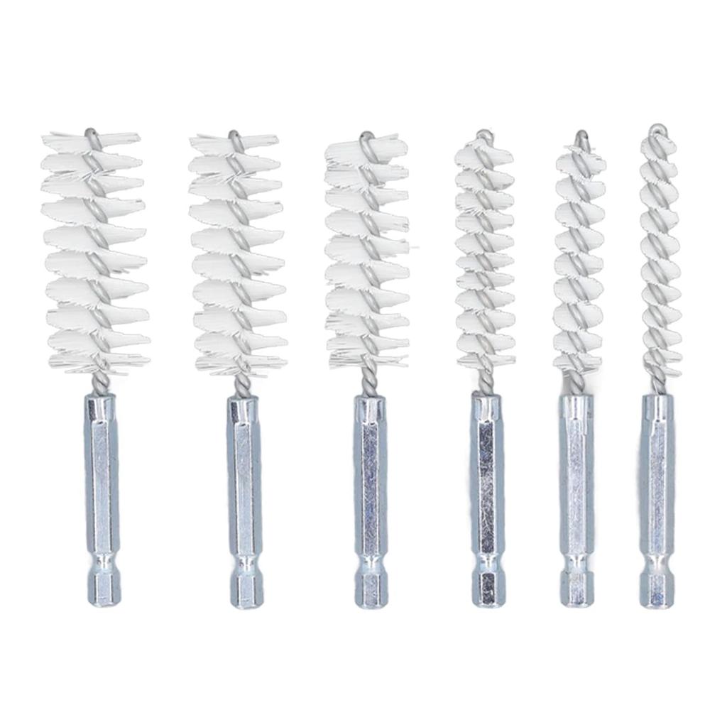Bore Cleaning Brush Set, 6 Pieces with 1/4in Hex Shank, Wire Brush for Drill or Impact Driver (Nylon, White)
