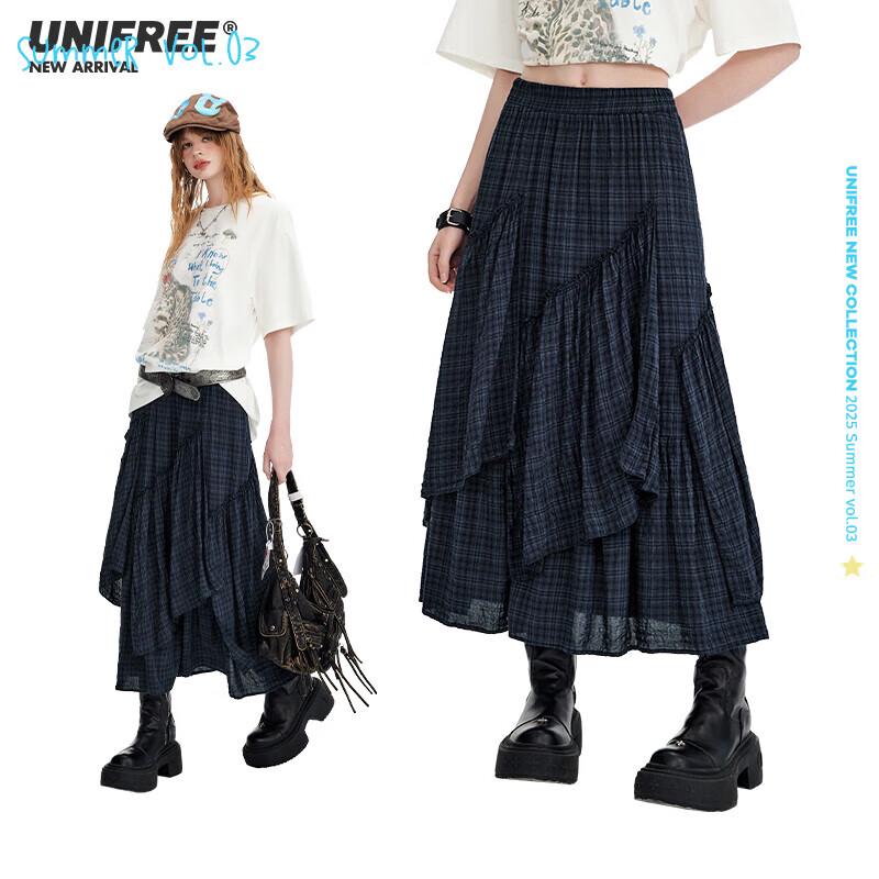UNIFREE Retro Plaid Irregular Hem Long Skirt ONE SIZE синий