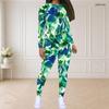 Women Plus Size Round Neck Long Sleeve Green Blue Printed Fitted Pants Two Piece Set