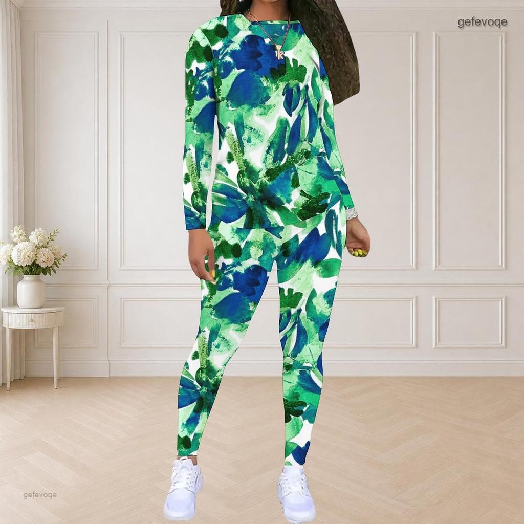 Women Plus Size Round Neck Long Sleeve Green Blue Printed Fitted Pants Two Piece Set