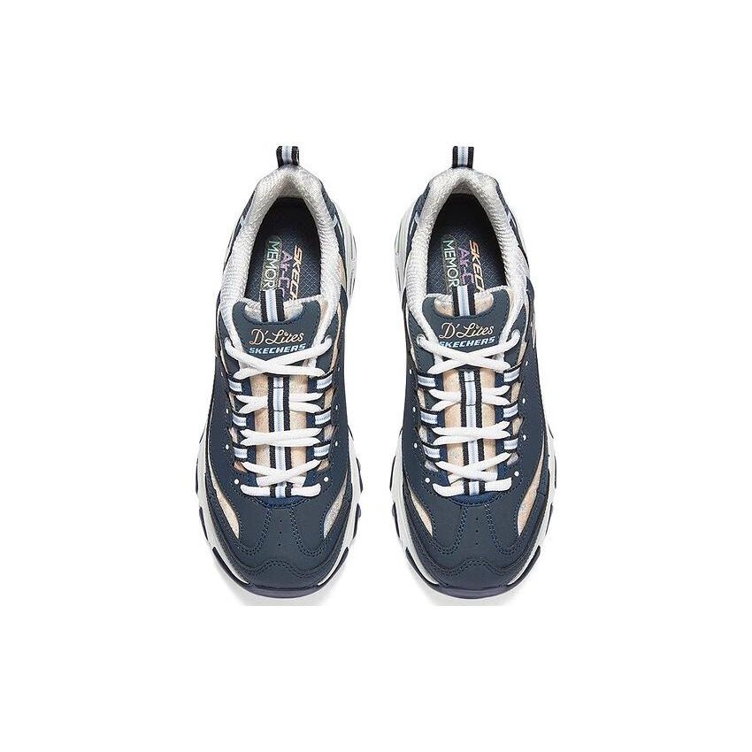 Skechers DLites Mesh Leather Comfortable Versatile Daily Height Increasing Low Top Dad Shoes Women Sneaker Navy-Blue 149793-NVMT
