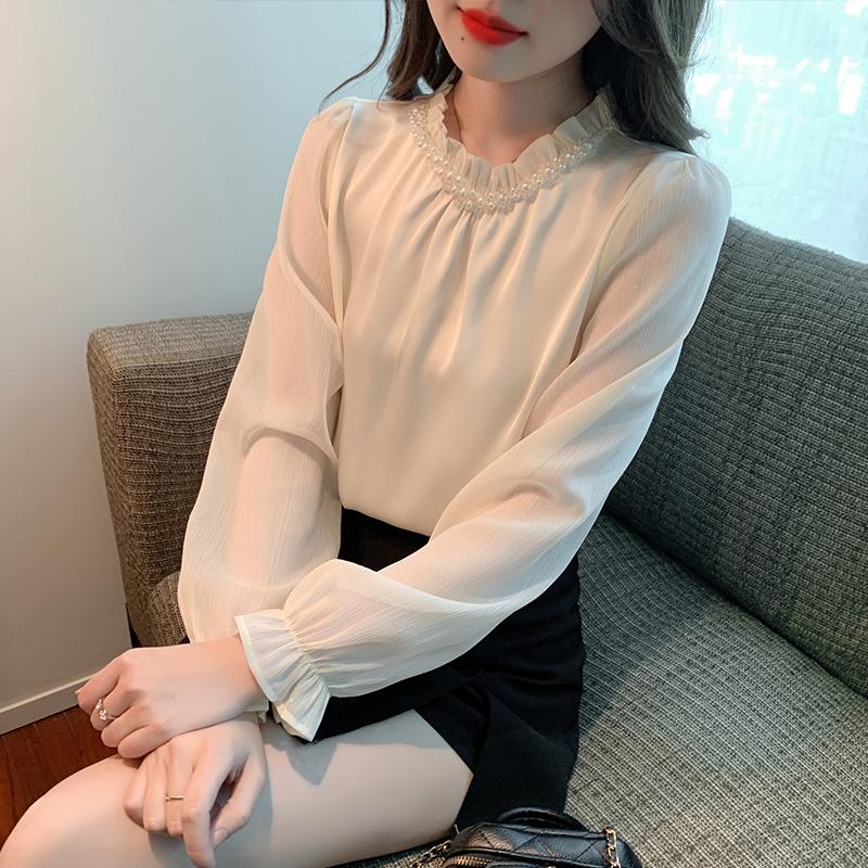 New 2025 Spring Blouses Shirts Long Sleeve Beading O-Neck Chiffon Blouse Shirt Women Tops J772
