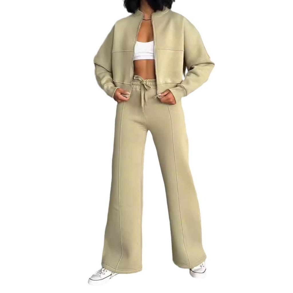 Casual Sweatshirt Pants Set Solid Zippers Jackets Loose High Waist Lace-up Elastic Waist Trousers Suits Sportswear 2 Pieces