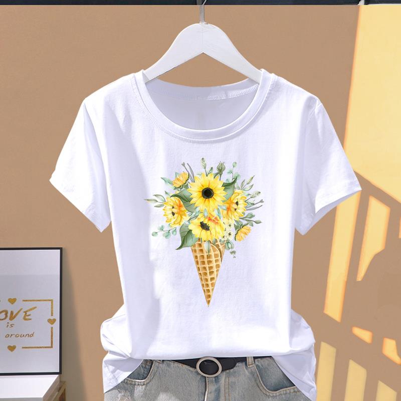 (Asian Size) lovely plant trend Graphic Female Top Women's Clothing T O-neck Tee Fashion Print Casual Short Sleeve T-shirts