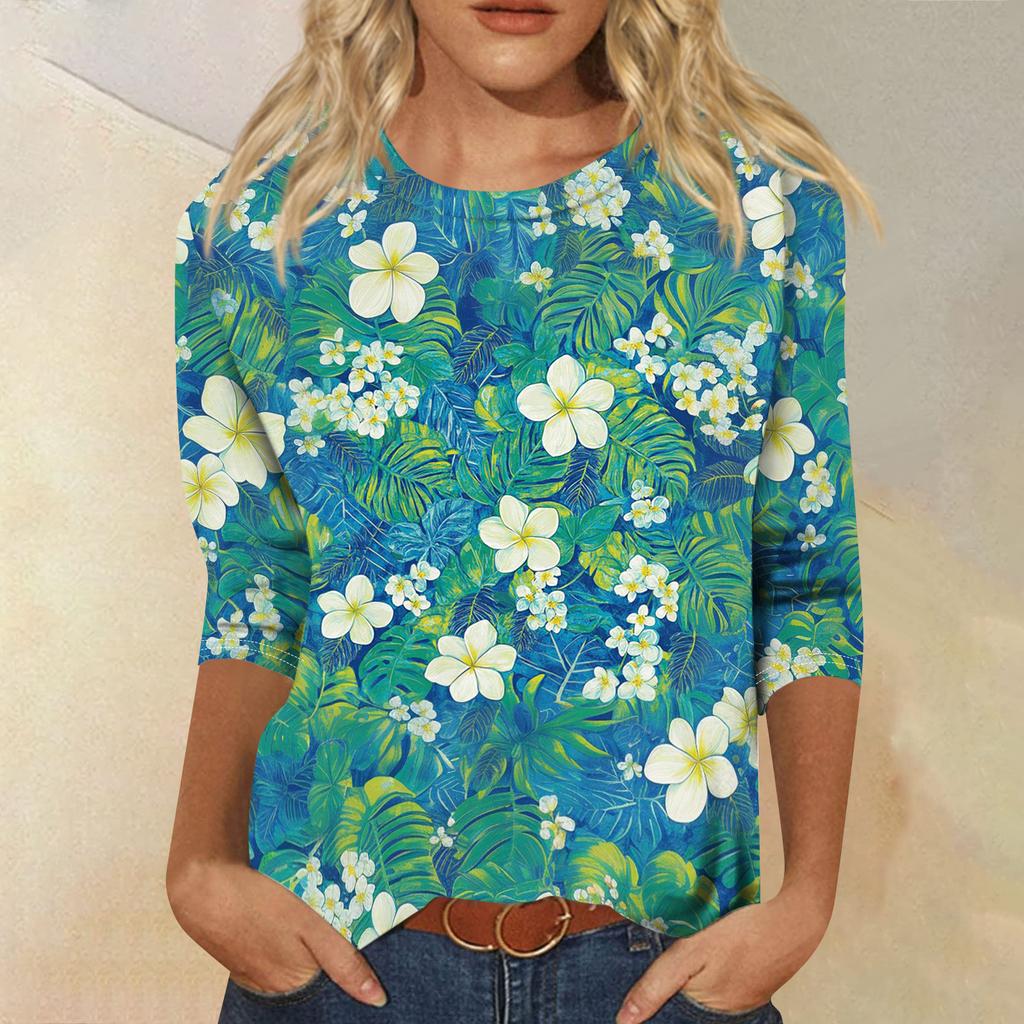 Módní vintage top s 3/4 rukávem pro ženy, dámská ležérní halenka s tříčtvrtečním rukávem a kulatým výstřihem s potiskem