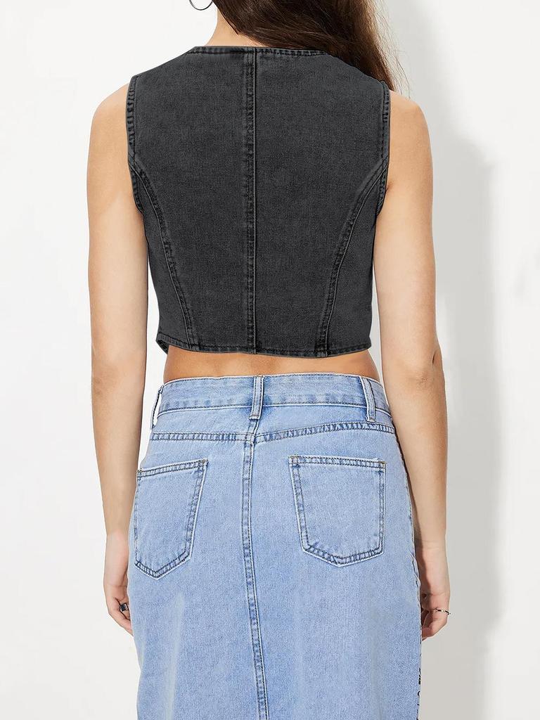 Top vestă din denim cu gât în V pentru femei - Stil european și american